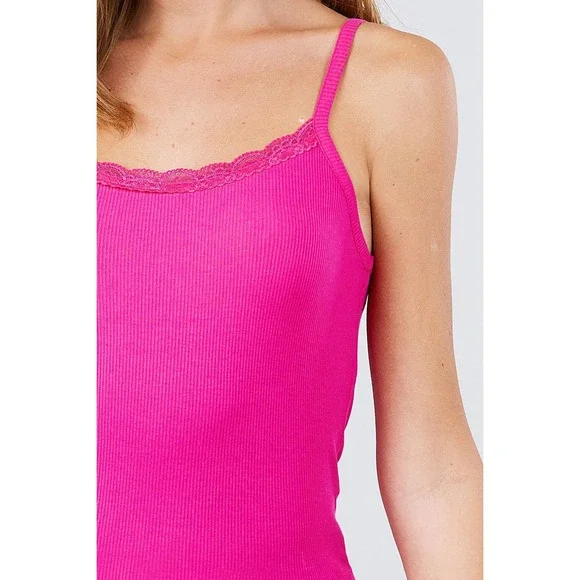 Lace Rib Cami Top in Hot Pink - Picture 3 of 6
